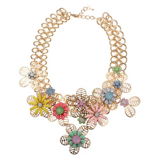 Bib Gold Plated Chain Resin Flower Statement Chunky Necklace