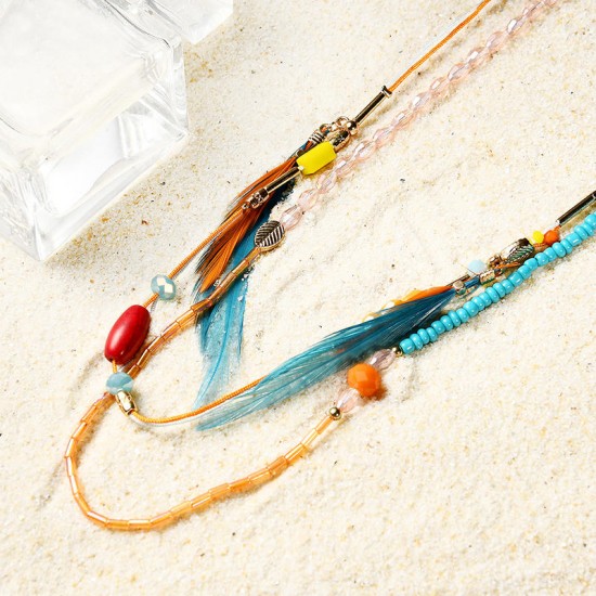 Charming Multicolor Glass Beaded Necklace Bohemian Women's Feather Cotton Necklace