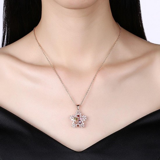 INALIS Christmas Gift Platinum Rose Gold Colorful Zirconia Snowflake Pendant Necklace for Women