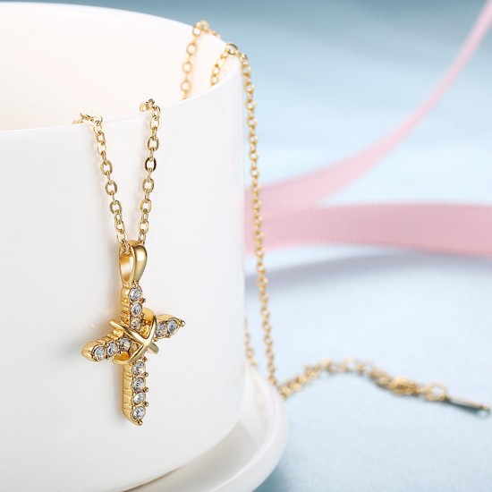 INALIS Fahsion Gold Plated Cross Crystal Pendant Necklace for Women