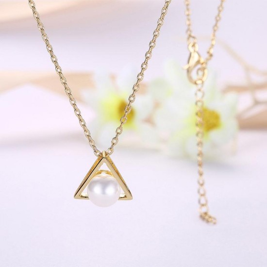 INALIS Trendy Pearl Pendant Triangle Gold Plated Necklace for Women