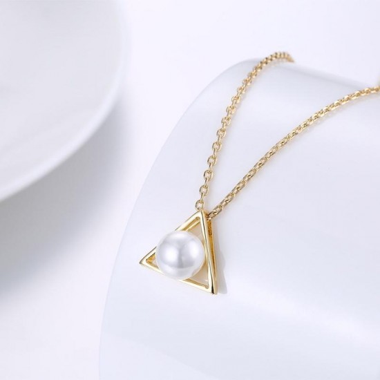 INALIS Trendy Pearl Pendant Triangle Gold Plated Necklace for Women
