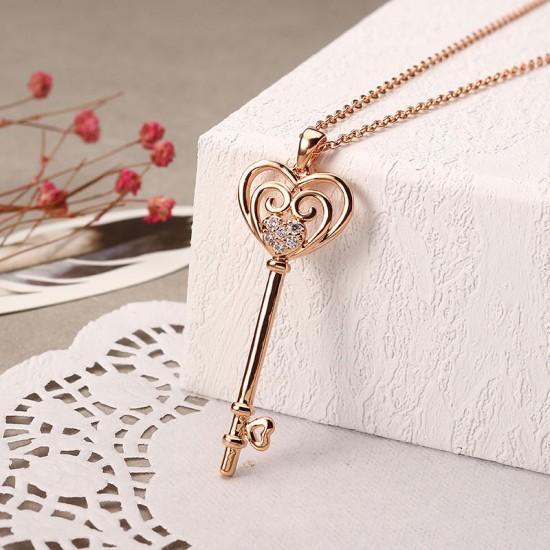 JASSY® Fine Jewelry Sweet Rose Gold Plated Heart Key Pendant Zircon Long Necklace Sweater Chain