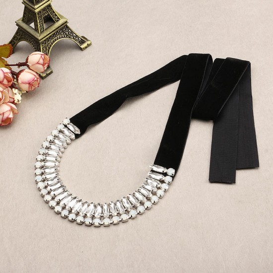 JASSY® Platinum Plated Crystal Moonstone Opal Black Ribbon Choker Elegant Women Necklace