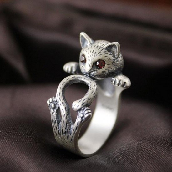 Ethnic Red Eye Fortune Cat Ring Cute Antique Silver Adjudestble Ring Vintage Jewelry for Women