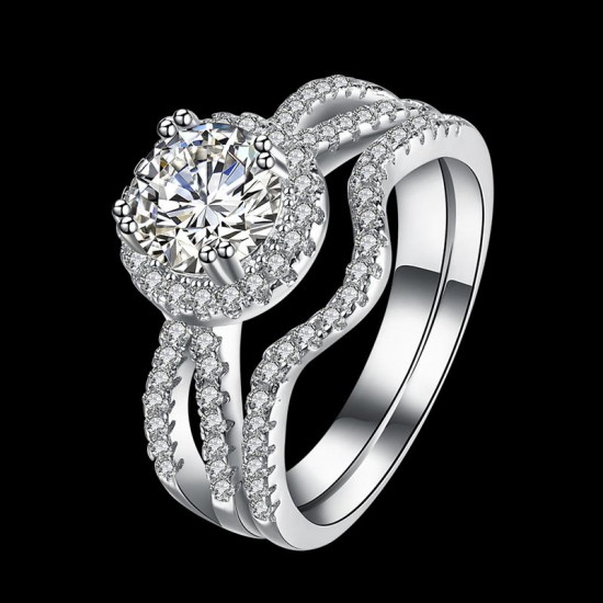 INALIS 2 Pcs Luxury 925 Sterling Silver Wedding Ring Elegant Gemstone Micro Inlay Anniversary Gift