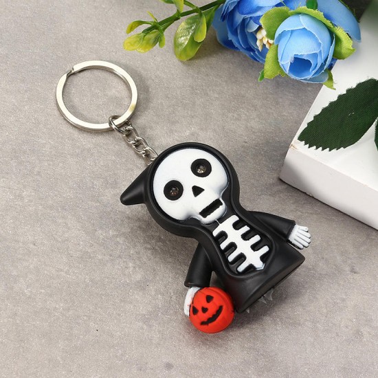 Black Led Light Skeleton Keychain with Scary Sound Pumpkin Design Key Ring