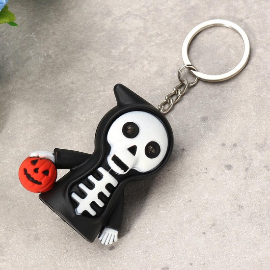 Black Led Light Skeleton Keychain with Scary Sound Pumpkin Design Key Ring