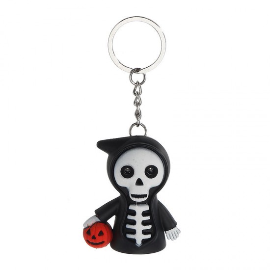 Black Led Light Skeleton Keychain with Scary Sound Pumpkin Design Key Ring