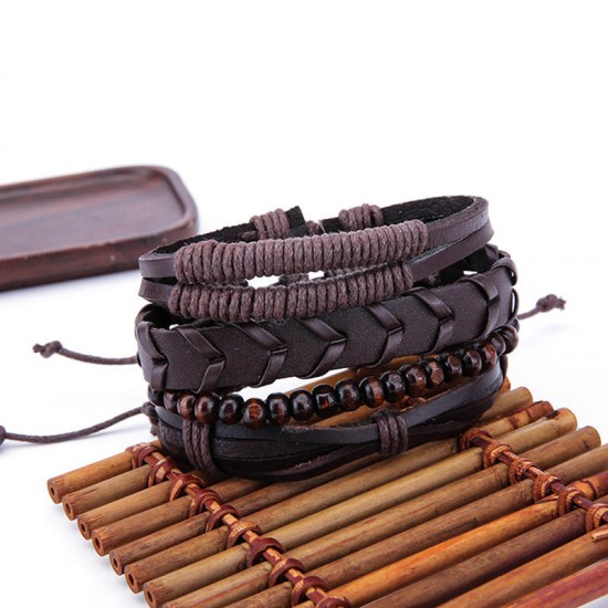 1 Set Adjustable Multilayer Men's Bracelets Retro Punk Wood Beads Brown Leather Bracelet for Men