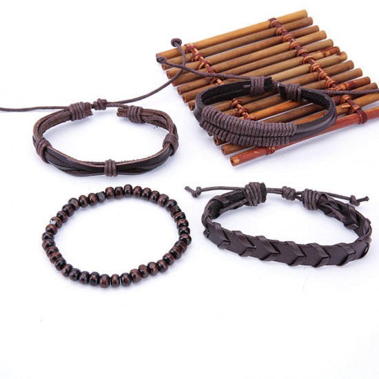 1 Set Adjustable Multilayer Men's Bracelets Retro Punk Wood Beads Brown Leather Bracelet for Men