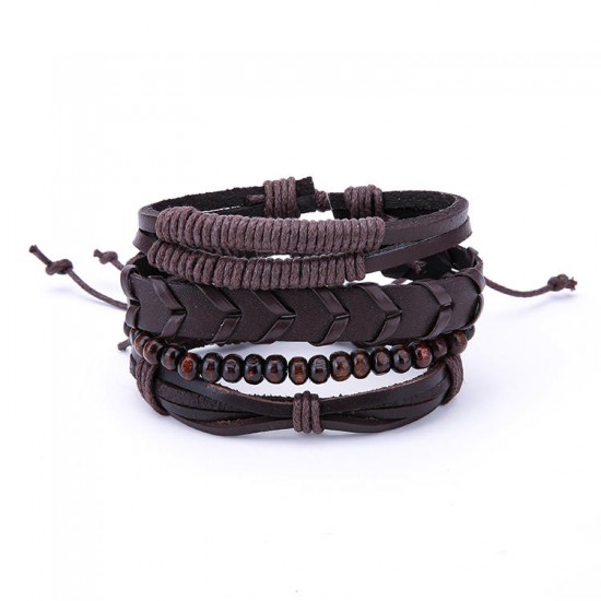 1 Set Adjustable Multilayer Men's Bracelets Retro Punk Wood Beads Brown Leather Bracelet for Men