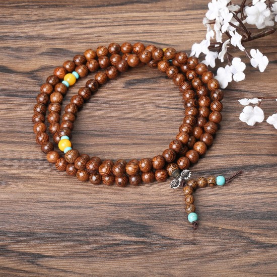 108pcs 8mm Wood Beaded Bracelet Wenge Prayer Beads Tibetan Buddhist Mala Bracelets for Women Men