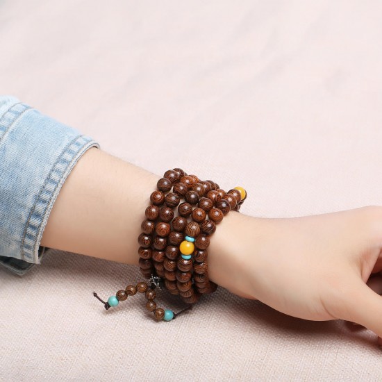 108pcs 8mm Wood Beaded Bracelet Wenge Prayer Beads Tibetan Buddhist Mala Bracelets for Women Men