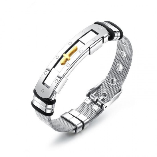 10mm Classic Gold Cross Charm Stainless Steel Men's Bracelet Adjustable Mesh Strap Bangle