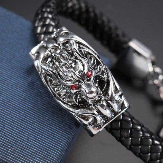 12mm Men's Red Eyes Wolf Punk Leather Bracelets Serpentine Weave Bracelets
