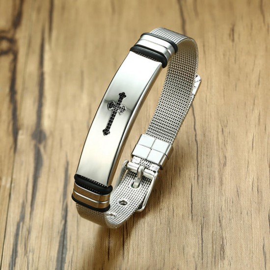 12mm Punk Stainless Steel Cross Adjustable Bracelet Wristband Simple Jewelry for Men