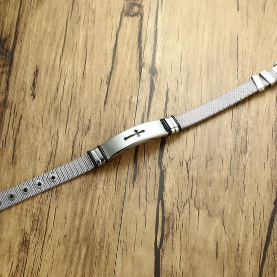 12mm Punk Stainless Steel Cross Adjustable Bracelet Wristband Simple Jewelry for Men