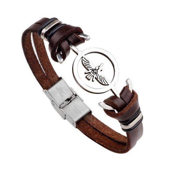 Fashion Stainless Steel Eagle Charm Genuine Leather Bracelet Men Jewelry