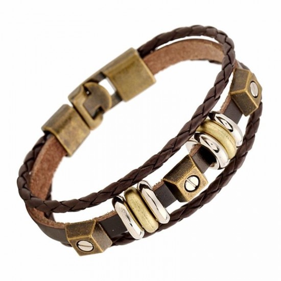 Vintage Multilayer Bracelets Beads Irregular Geometric Weave Leather Bracelet Ethnic Jewelry for Men