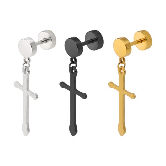 1 Piece Titanium Steel Earring Cross Pendant Black Silver Gold 316L Stainless Steel Unisex Ear Stud 1 Piece Titanium Steel Earring Cross Pendant Black Silver Gold 316L Stainless Steel Unisex Ear Stud