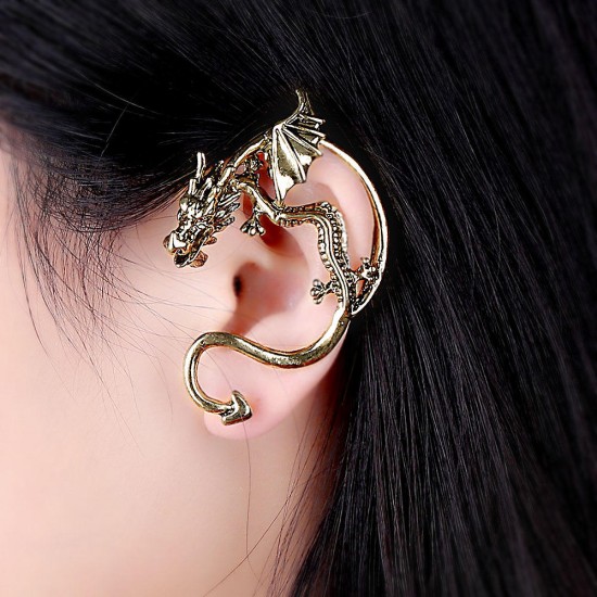 Unisex Statement Punk Dragon Ear Cuff Black Gold Ear Clip Stud Earrings