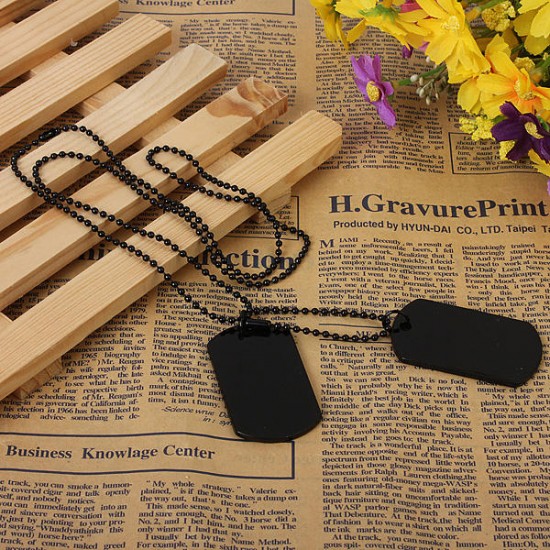 2pcs Mens Army Style Black Dog Tag Pendant Necklace Long Chain