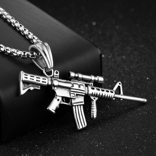 316L Stainless Steel Men Silver Gold Black Gun Pendant Titanium Steel Charm Necklace