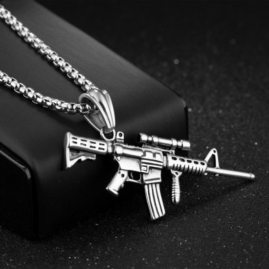 316L Stainless Steel Men Silver Gold Black Gun Pendant Titanium Steel Charm Necklace