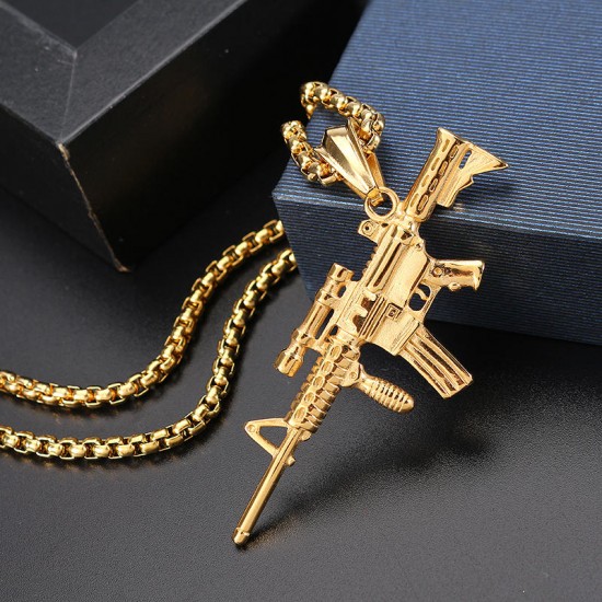 316L Stainless Steel Men Silver Gold Black Gun Pendant Titanium Steel Charm Necklace