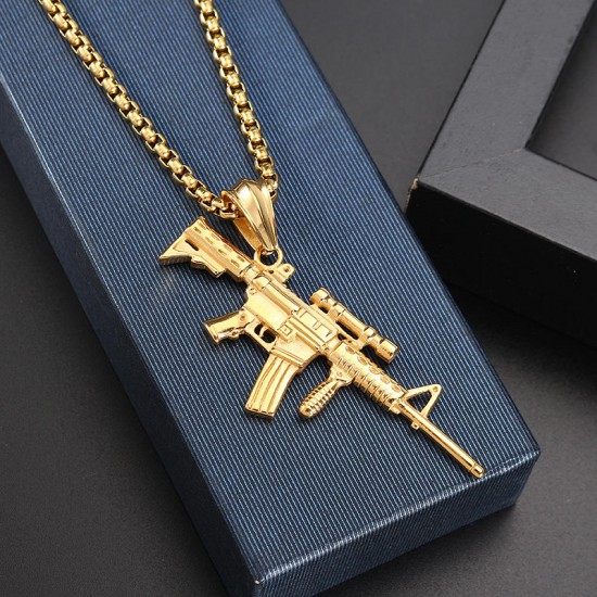 316L Stainless Steel Men Silver Gold Black Gun Pendant Titanium Steel Charm Necklace 316L Stainless Steel Men Silver Gold Black Gun Pendant Titanium Steel Charm Necklace