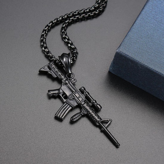 316L Stainless Steel Men Silver Gold Black Gun Pendant Titanium Steel Charm Necklace