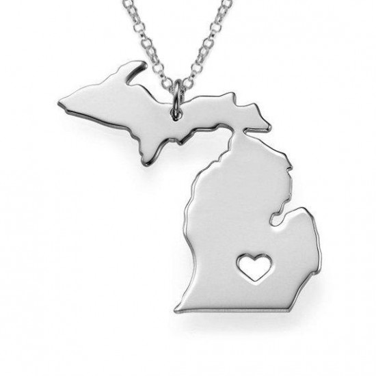 American Michigan State Map Stainless Steel Unisex Silver Plated Necklace American Michigan State Map Stainless Steel Unisex Silver Plated Necklace