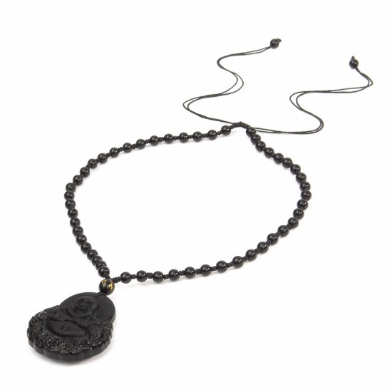 Black Obsidian Buddha Pendant Lucky Luck Beads Prayer Necklace Chain