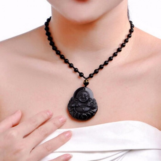 Black Obsidian Buddha Pendant Lucky Luck Beads Prayer Necklace Chain