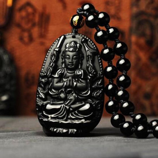 Black Obsidian Goddess Mercy Amulet Pendant Necklace Prayer