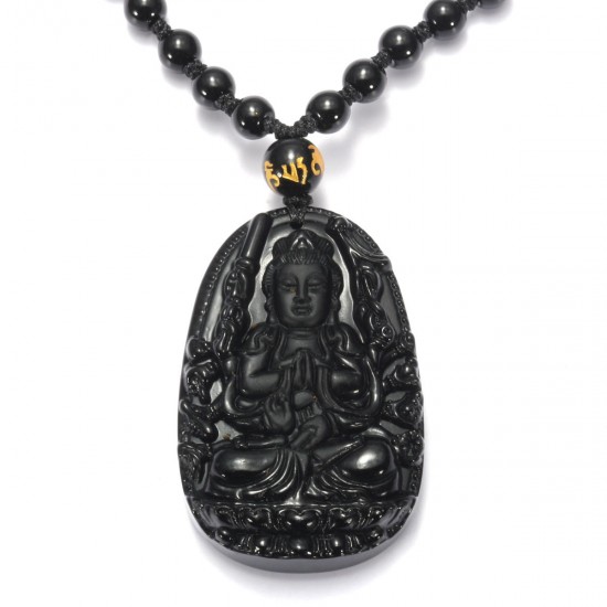 Black Obsidian Goddess Mercy Amulet Pendant Necklace Prayer