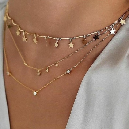 Bohemian Multilayer Necklaces Vintage Slice Beads Crescent Pendant Necklace