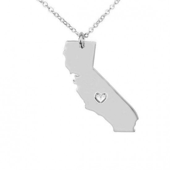 California United States Map Necklace Love Heart 925 Silver Plated Chain