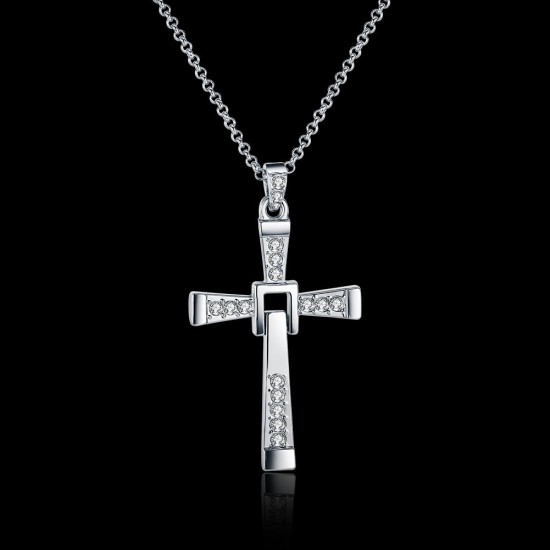 Men Cross Pendant Chain Long Necklace Crystal Alloy