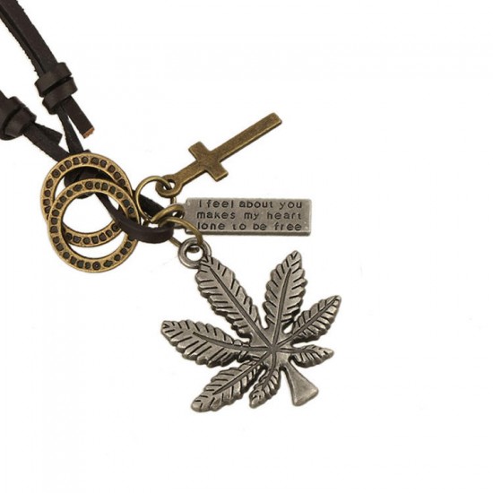 Punk Leather Necklace Vintage Maple Leaf Pendant Necklace for Men Women