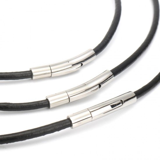Unisex Stainless Steel 3mm Chain Black Leather Cord Rope Trendy Pendant Necklace Choker