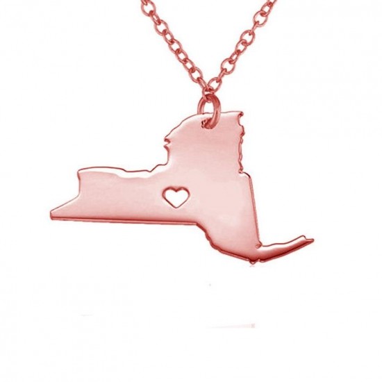 United States New York Map Love Heart Pendant Silver Necklace