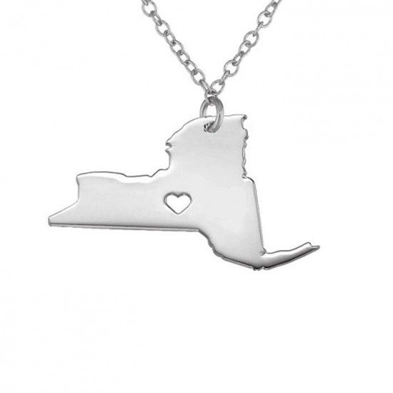 United States New York Map Love Heart Pendant Silver Necklace