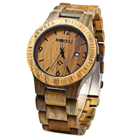 BEWELL ZS-W086B Men Natural Wooden Auto Calendar Display Fashion Quartz Wrist Watch