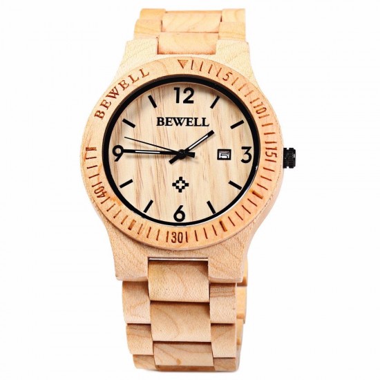 BEWELL ZS-W086B Men Natural Wooden Auto Calendar Display Fashion Quartz Wrist Watch