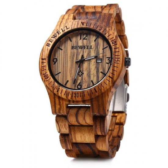 BEWELL ZS-W086B Men Natural Wooden Auto Calendar Display Fashion Quartz Wrist Watch
