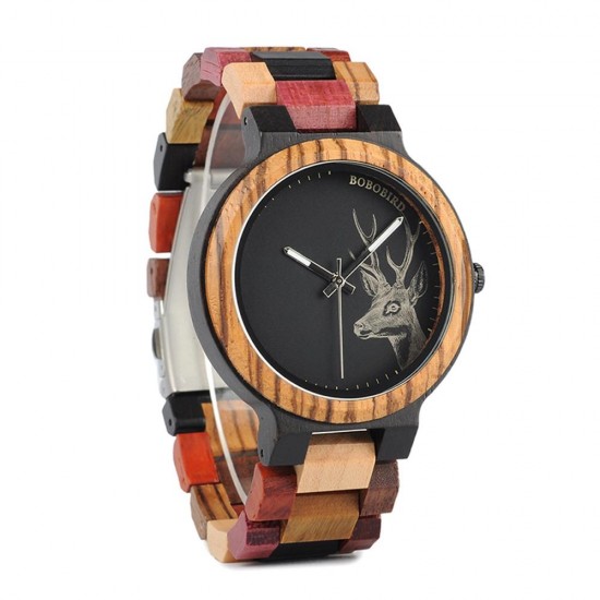 BOBO BIRD W*P14-2 Elk Deer Head Quartz Watches Colorful Band  Men Wooden Wrist Watch