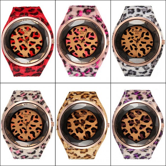 Fashion Women Sexy Leopard Brilliant Crystal Fur Big Wrist Watch