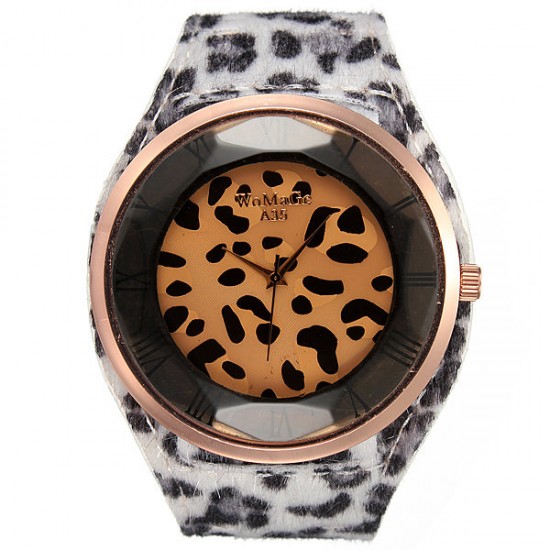 Fashion Women Sexy Leopard Brilliant Crystal Fur Big Wrist Watch